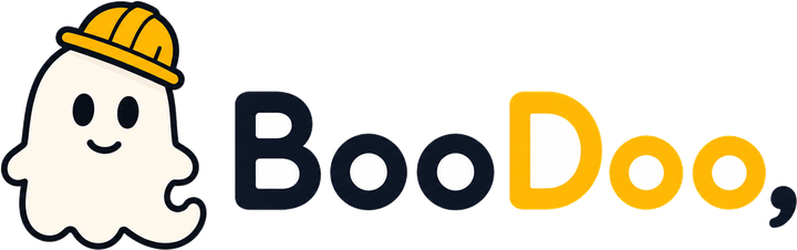 BooDoo — a small ghost in a yellow hard hat, beside the word BooDoo